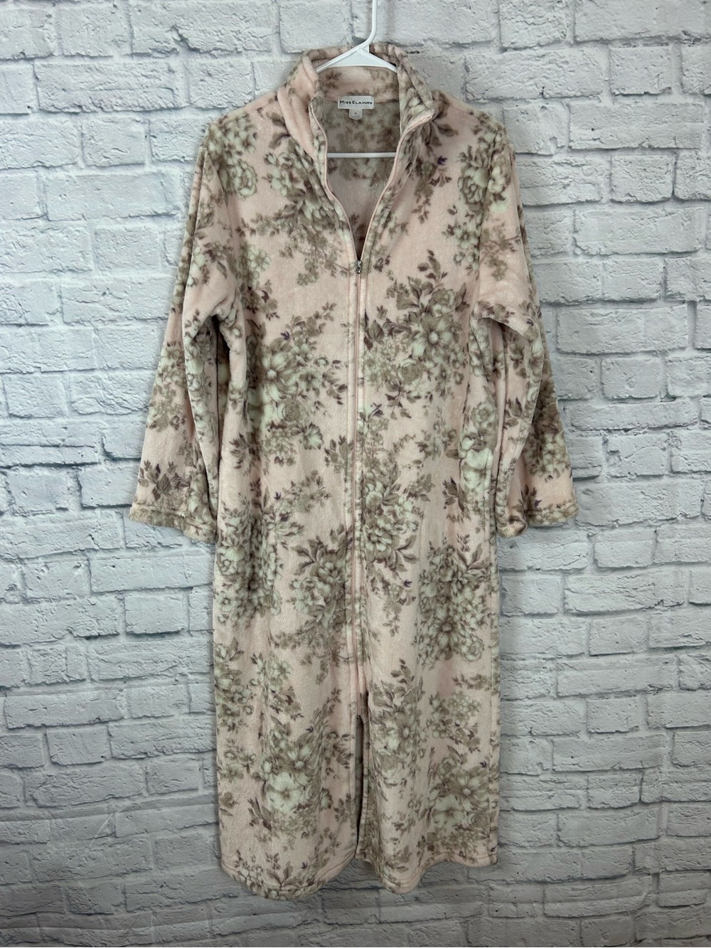 Miss Elaine Plush Floral Zip Front Long Robe Size S Pink Cottagecore Pockets
